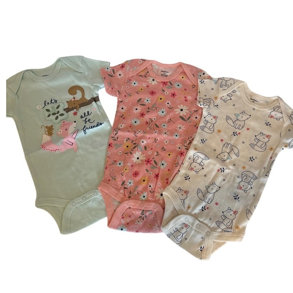 Gerber Baby Girls Fox Printed Floral Bodysuits 3-6 Mths 3-Pack Short Sleeve New
